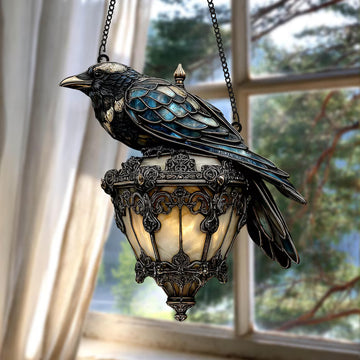 Exquisite Black Crow Decorative Suncatcher – Faux Stained Glass Halloween Crow