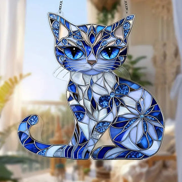 Blue and White Cat Suncatcher Ornament