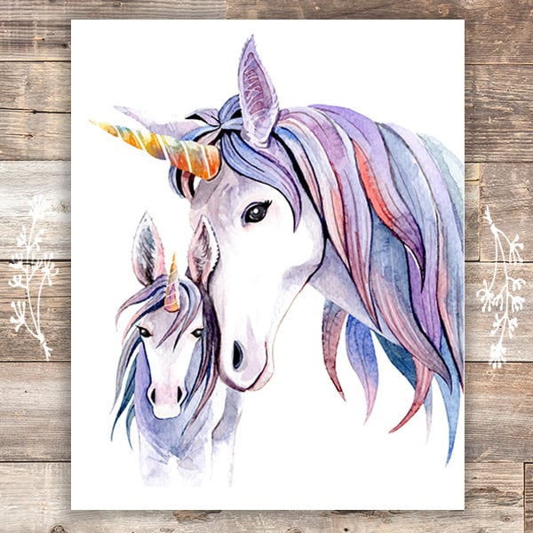 Unicorn Mother and Daughter Wall Decor For Girls Room - Art Print - 8x10
