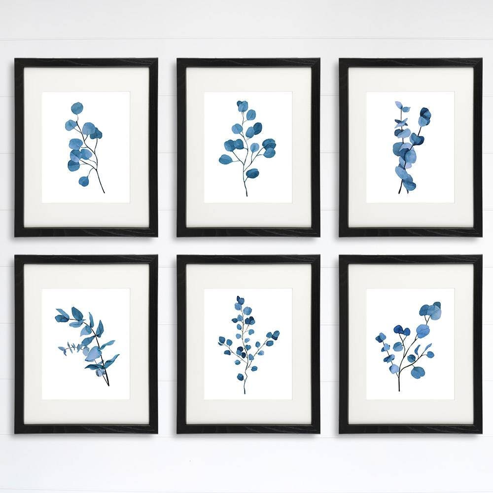 Trendy Eucalyptus Dark Blue Art Prints (Set of 6) - 8x10s
