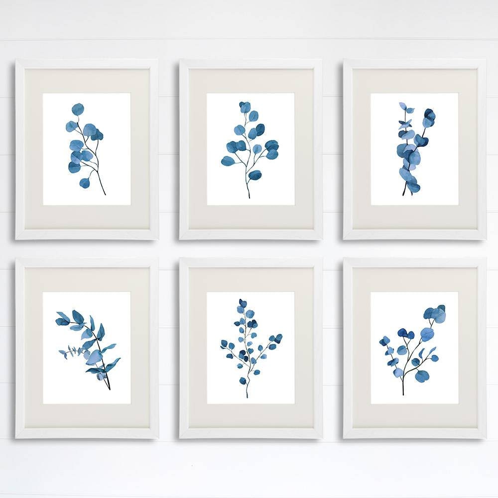 Trendy Eucalyptus Dark Blue Art Prints (Set of 6) - 8x10s