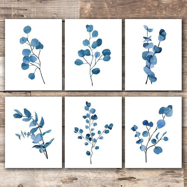 Trendy Eucalyptus Dark Blue Art Prints (Set of 6) - 8x10s