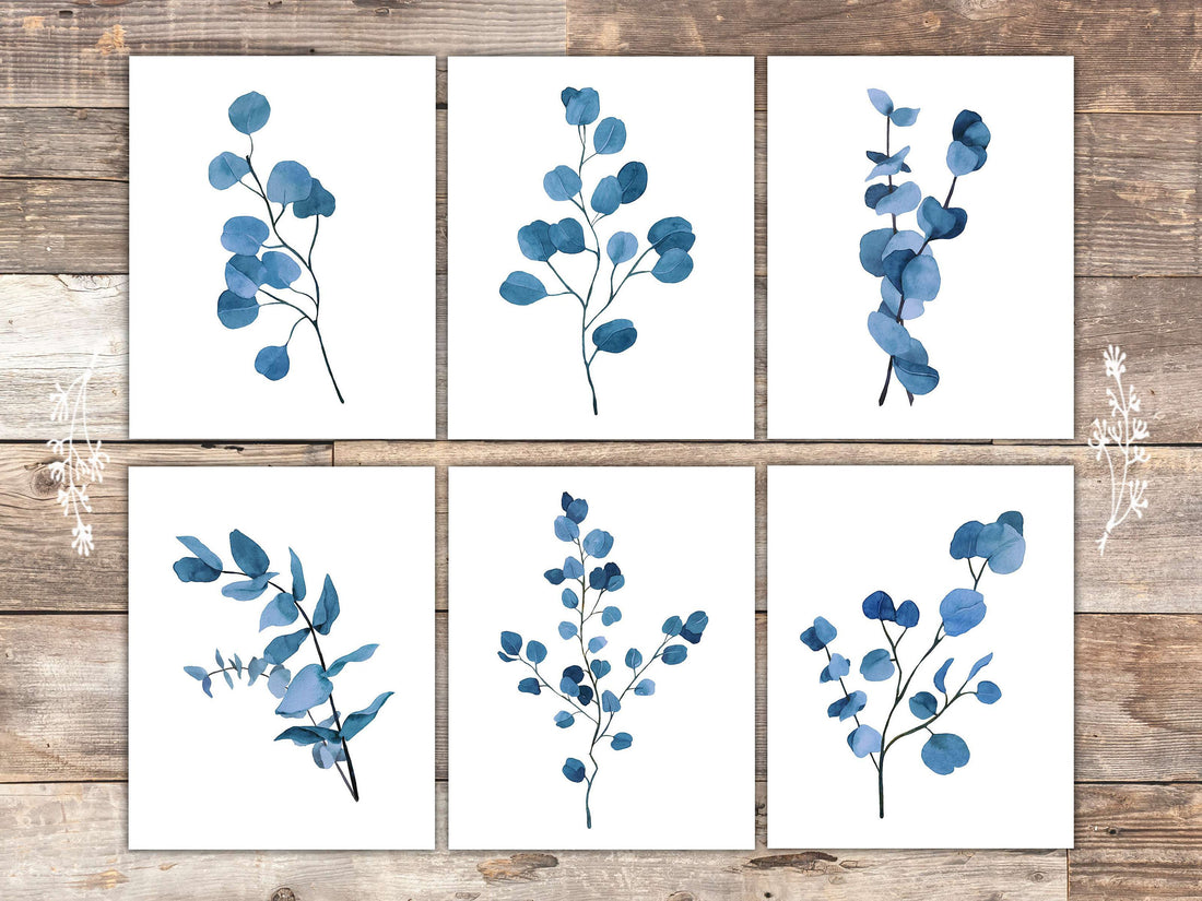 Trendy Eucalyptus Dark Blue Art Prints (Set of 6) - 8x10s