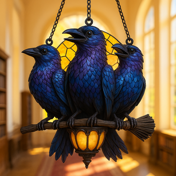 Mystic Raven Trio Acrylic Suncatcher with Glowing Lantern