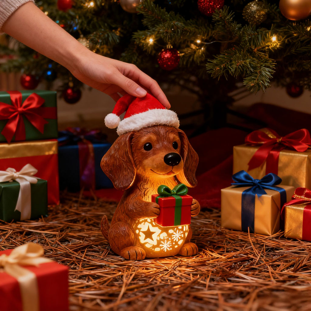 Light-Up Christmas Dachshund Figurine – Holiday Resin Dog with Santa Hat And Gift Box