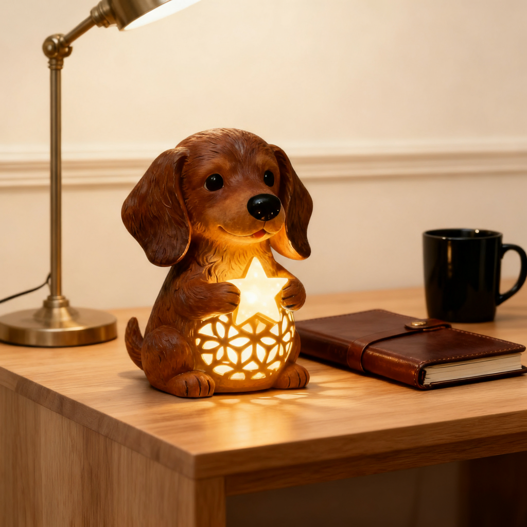 Dachshund Star Light – Cozy Resin Dog Figurine Night Lamp for Bedroom and Living Room