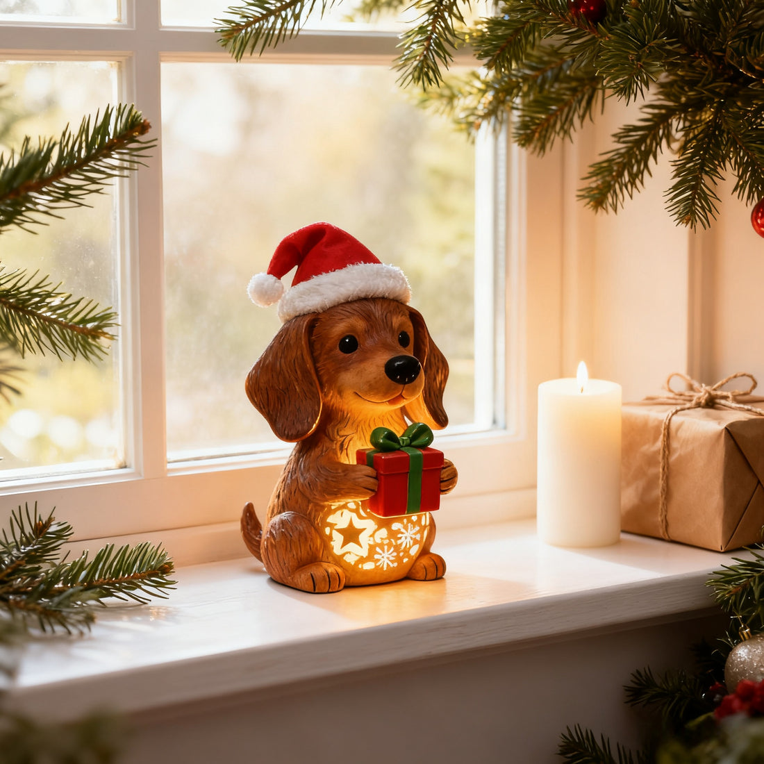 Light-Up Christmas Dachshund Figurine – Holiday Resin Dog with Santa Hat And Gift Box