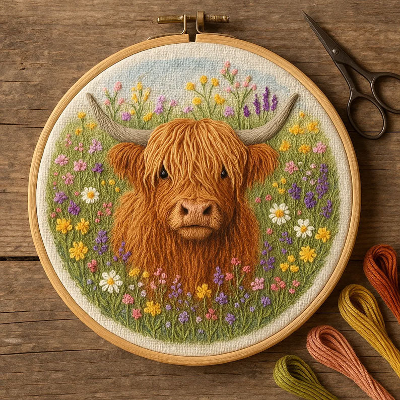 DIY Floral Highland Cow Embroidery Kit