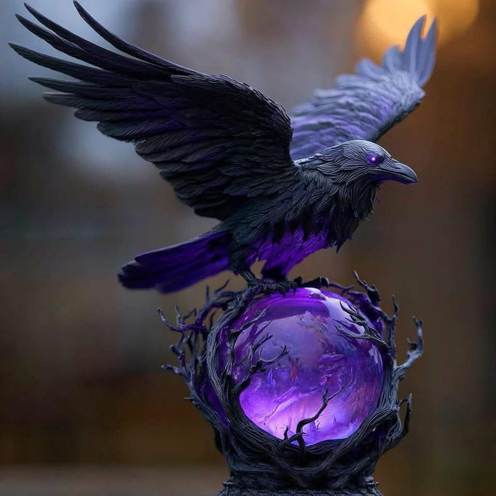“Raven’s Moonlight” Gothic LED Lamp – Mysterious Crow on Glowing Orb Sculpture