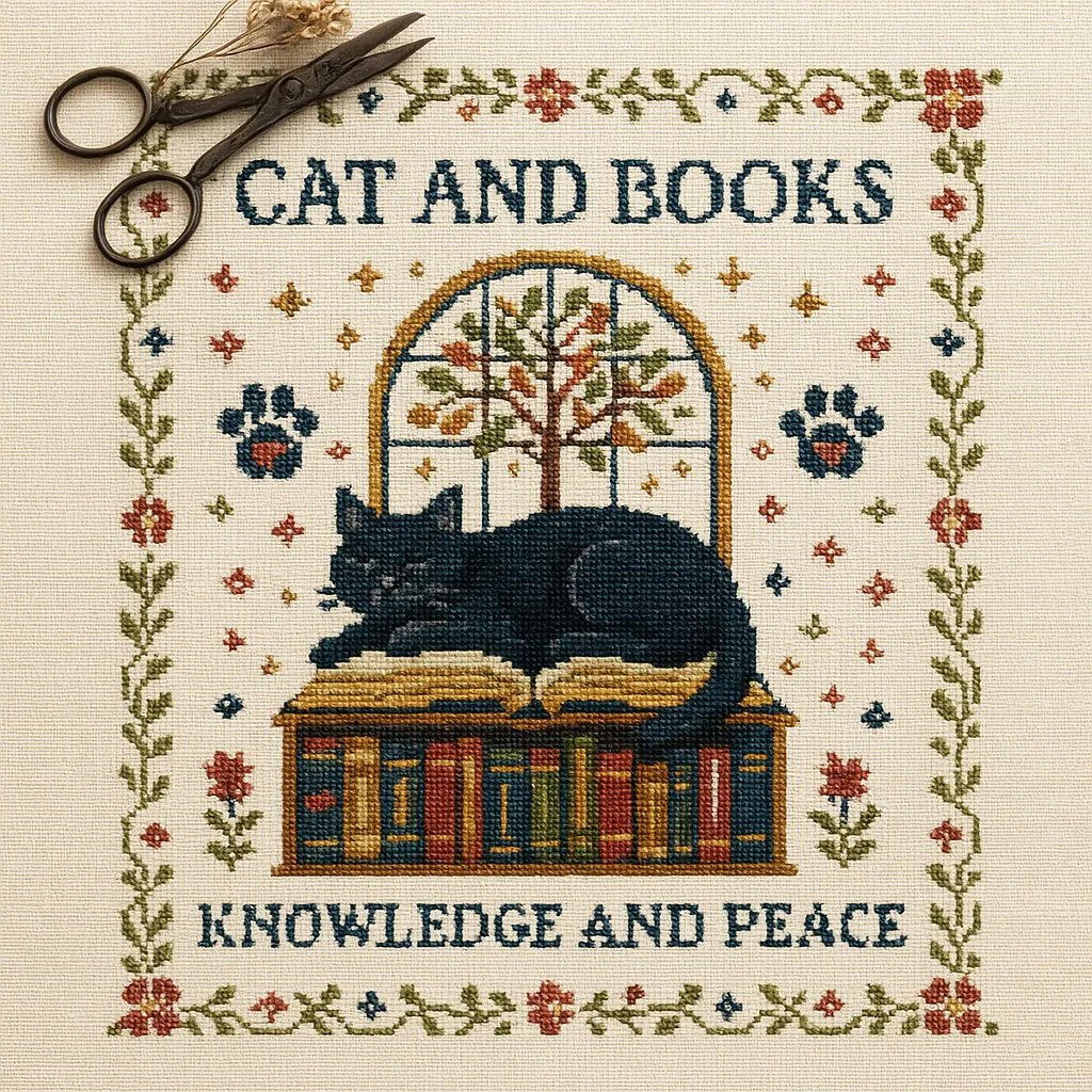 DIY Cat and Books Cross Stitch Kit