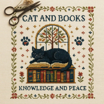 DIY Cat and Books Cross Stitch Kit