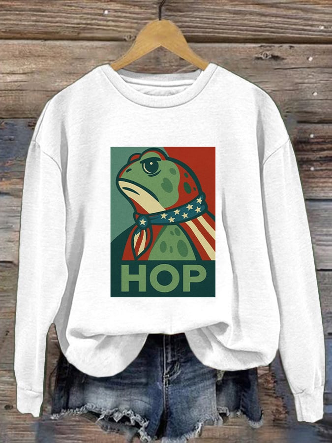Women's Retro Hop Resist Frog Printed Round Neck Sweatshirt