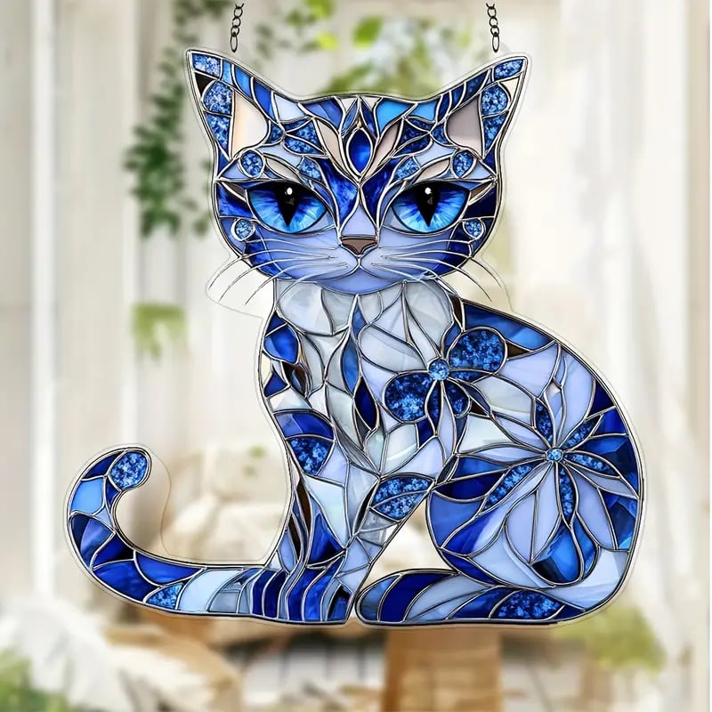 Blue and White Cat Suncatcher Ornament