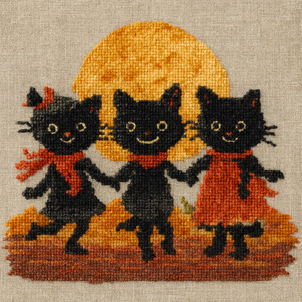 Vintage Halloween Black Cat Cross Stitch Kit