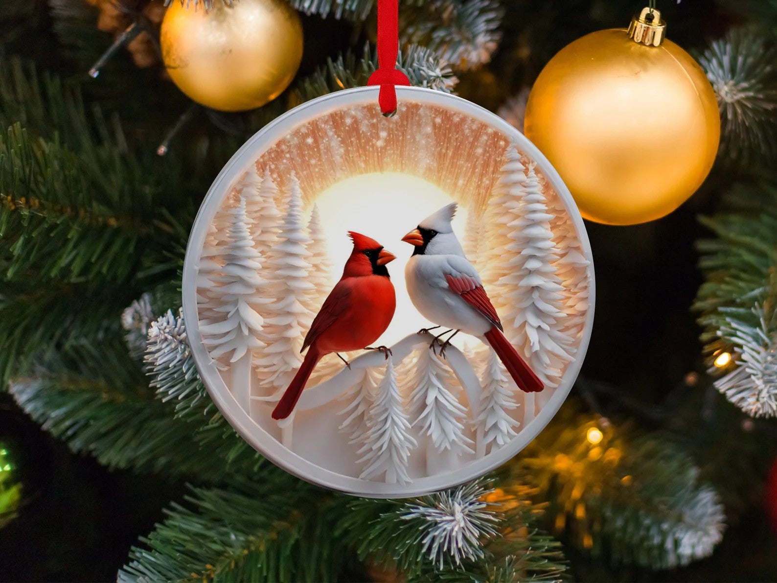 The Cardinal and Snowbird Winter Sunrise Ornament