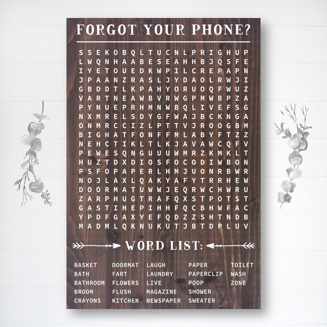 Forgot Your Phone Word Search 16x24" | Funny Bathroom Sign | Real Wood